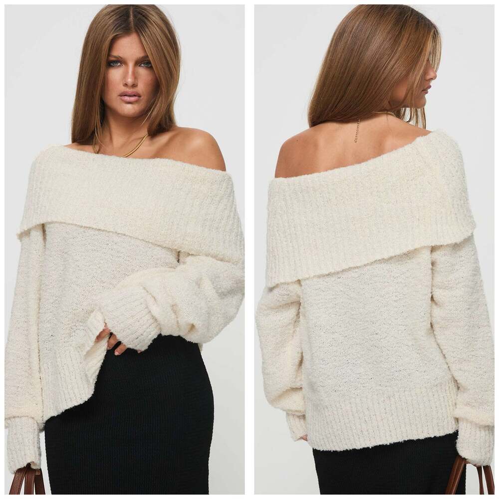 Princess Polly Parkley Boucle Off The Shoulder Sweater Cream Size S/M